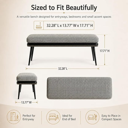 Forteek 32" Retro Upholstered Entryway Bench, Shoe Bench with Cushion | Leather & Fabric Padded Bench, End of Bed Bench for Bedroom, Dining Bench for Living Room, Storage Bench for Hallway & Foyer