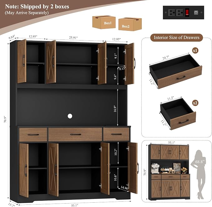 HOSTACK 71" Tall Pantry Cabinet with Charging Station, 55" Wide Kitchen Pantry Storage Cabinet with Countertop, Large Kitchen Hutch with Storage Drawers for Dining Room, Brown/Black