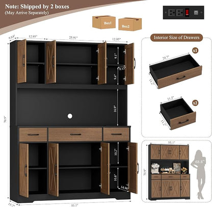 HOSTACK 71" Tall Pantry Cabinet with Charging Station, 55" Wide Kitchen Pantry Storage Cabinet with Countertop, Large Kitchen Hutch with Storage Drawers for Dining Room, Brown/Black