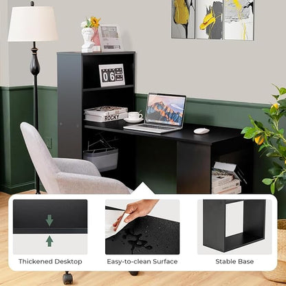 Tangkula Computer Desk with Bookshelf, Writing Study Desk with Storage Shelves & CPU Stand, Modern Compact Computer Workstation for Home & Office, Space-Saving Design (Black)
