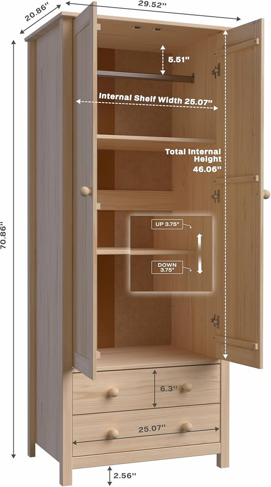 From the Tree Furniture Wardrobe – 2-Door Armoire with 2 Drawers, Unfinished Pine, 29.52″ W × 20.86″ D × 70.86″ H – Bedroom Closet with Hanging Rail & Metal Runners
