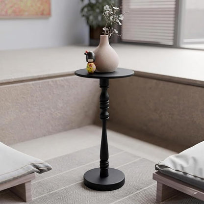 Relso Stambha Solid Wood Drink Table - 24" Tall Round Accent Side Table, Handcrafted Black Finish, Mango Wood, Perfect for Living Room, Bedroom or Indoor Plant Stand, 12" Compact Top