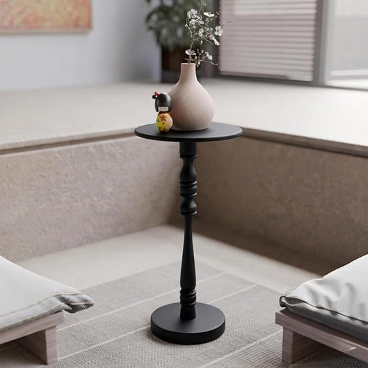 Relso Stambha Solid Wood Drink Table - 24" Tall Round Accent Side Table, Handcrafted Black Finish, Mango Wood, Perfect for Living Room, Bedroom or Indoor Plant Stand, 12" Compact Top