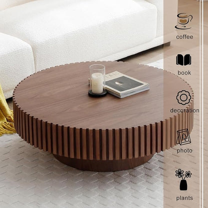 31" Round Coffee Table for Living Room, Mid Century Modern Coffee Table with Sturdy Pedestal, Circle Center Table Accent Tea Table for Apartment Walnut