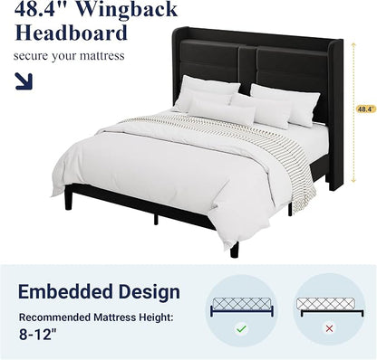 Allewie Queen Size Platform Bed Frame with Charging Station & Storage Headboard, Upholstered Velvet Wingback Design & USB Port, Strong Wooden Slats Support, No Box Spring Needed, Easy Assembly, Black