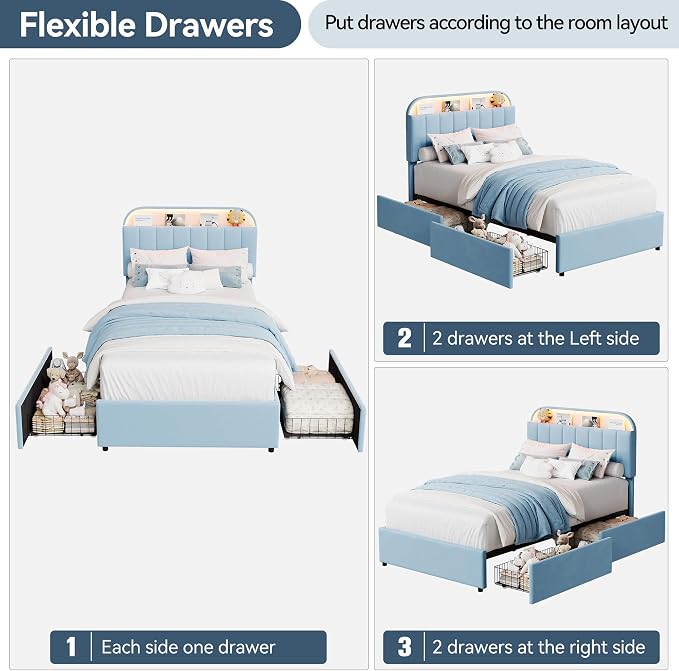 GarveeHome Twin Bed Frame with Storage Headboard, Kids Bed Frame with 2 Drawers, Velvet Upholstered Platform Bed Frame with Lights, No Box Spring Needed, Easy Assembly, Velvet Blue