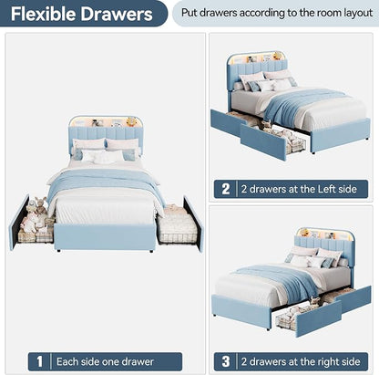 GarveeHome Twin Bed Frame with Storage Headboard, Kids Bed Frame with 2 Drawers, Velvet Upholstered Platform Bed Frame with Lights, No Box Spring Needed, Easy Assembly, Velvet Blue