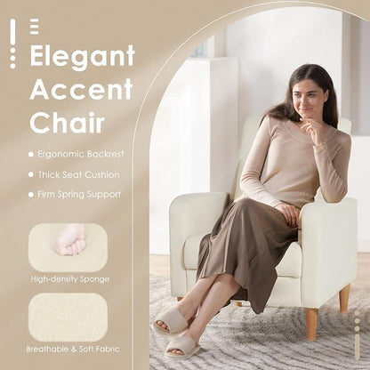 COLAMY Mid-Century Modern Accent Chairs Set of 2, Fabric Upholstered Living Room Chairs with Back Pillow & Solid Wood Legs, Comfy Armchair for Living Room, Bedroom, Single Sofa, Beige