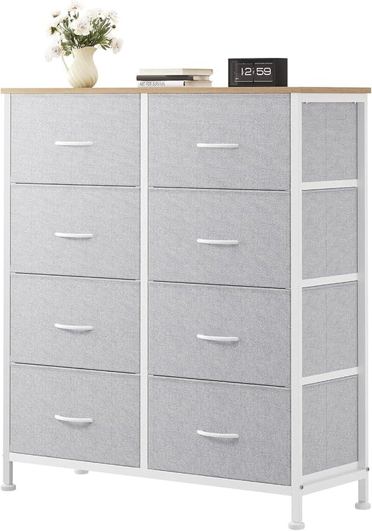 OLIXIS 8 Drawer Storage Dresser with Wood Top - Wide Fabric Chest Organizer for Bedroom, Closet, Living Room,Tower Cabinet, TV Stand, Hallway Entryway Furniture,Light Grey