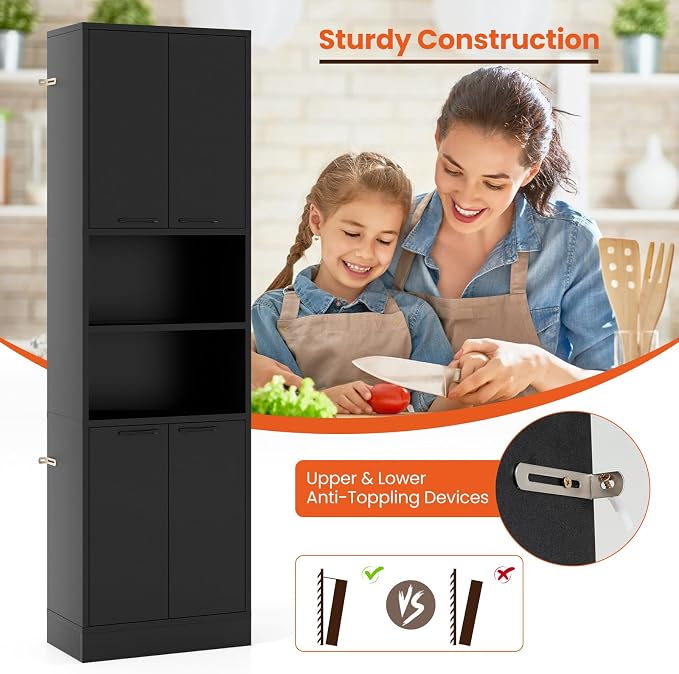 Giantex Kitchen Pantry Cabinet, 75” Tall Freestanding Cupboard with Doors & Shelves, Safety Hinges & Anti-Tipping Devices, Storage Sideboard for Dining Room, Living Room (Black)
