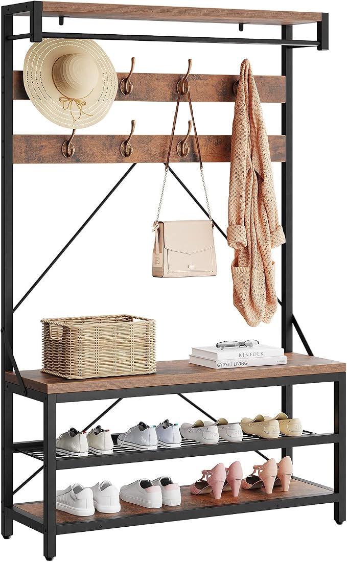 Amyove Large Coat Rack Shoe Bench Hall Tree Shoe Rack for Entryway 3-Tier Storage Shelf and Hooks Removable Industrial Accent Furniture Metal Frame 39.9"x15.7"x72"