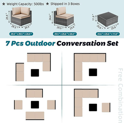 SUNLEI 7pcs Patio Conversation Sets Outdoor Furniture Sets, High Back All-Weather Rattan Sectional Sofa with Tea Table&Washable Couch Cushions(Silver Rattan)(Khaki)