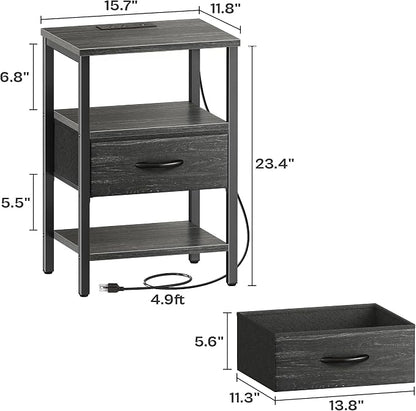 SUPERJARE Nightstand with Charging Station, Bed Side Table with Adjustable Fabric Drawer, Night Stand for Bedroom, 3-Tier Storage End Table, for Living Room, Charcoal Black Wood Grain Print