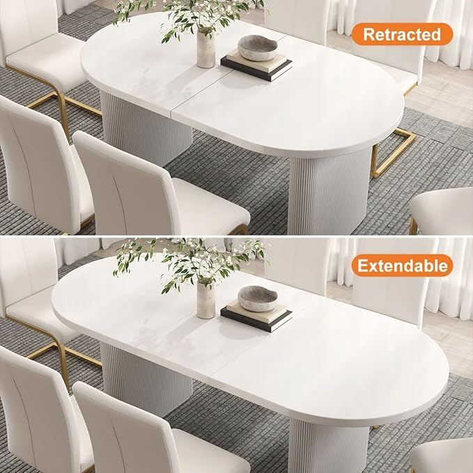 homary Oval Dining Table for 4-6, 63"-79" Extendable Kitchen Table, Japandi Wooden Dining Room Table with Pedestal Base (White, 63"-79" (Seats 4-6))