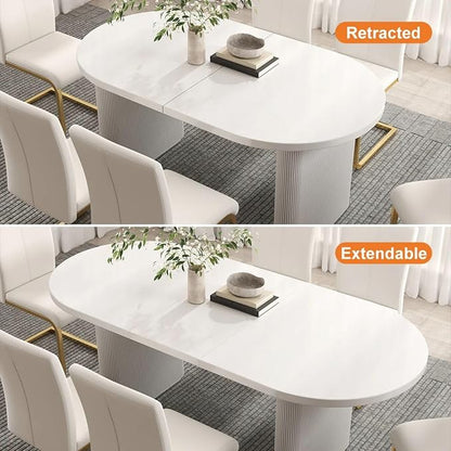 homary Oval Dining Table for 4-6, 63"-79" Extendable Kitchen Table, Japandi Wooden Dining Room Table with Pedestal Base (White, 63"-79" (Seats 4-6))