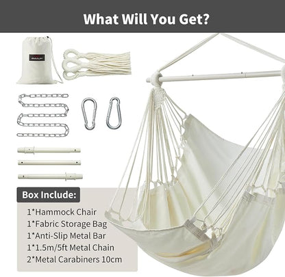 CHULIM Hanging Hammock Chair Swing MAX 500 lbs Outdoor Hanging Chair with Footrest Indoor Swing Chair with Portable Steel Spreader Bar and Hardware Kit for Bedroom Living Room Patio Porch - White