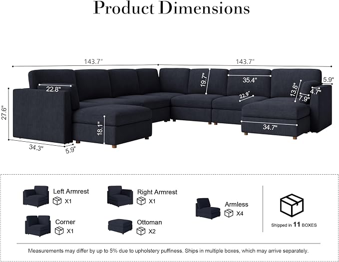 Oversized Modular Sectional Sofa U-Shaped Cloud Couches Blue | Large Deep Seat Couch for Living Room, 9 Seater Luxury Corner Sofa with Ottoman, Solid Wood Frame, Removable Washable Cover