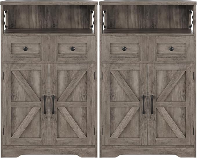 Befrases Set of 2 Farmhouse Storage Cabinet with Drawers and Shelf, Freestanding Kitchen Pantry Storage Cabinet, Floor Hutch Cupboard for Kitchen, Living Room, Home Office, Rustic Grey