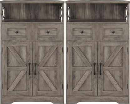 Befrases Set of 2 Farmhouse Storage Cabinet with Drawers and Shelf, Freestanding Kitchen Pantry Storage Cabinet, Floor Hutch Cupboard for Kitchen, Living Room, Home Office, Rustic Grey