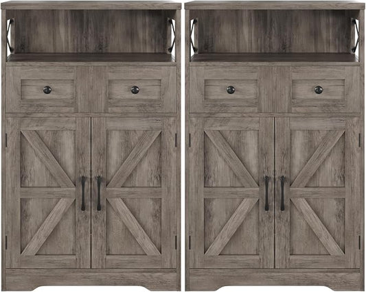 Befrases Set of 2 Farmhouse Storage Cabinet with Drawers and Shelf, Freestanding Kitchen Pantry Storage Cabinet, Floor Hutch Cupboard for Kitchen, Living Room, Home Office, Rustic Grey