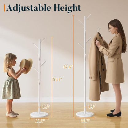 Yoobure Coat Rack Freestanding with Natural Marble Base - Coat Tree with 8 Hooks Heavy Duty Coat Hanger Stand, Metal Coat Rack Stand for Jacket, Hat, Clothes & Bag, Hall Tree Hat Rack for Entryway