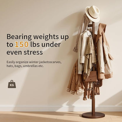 Coat Rack,Solid Wood Cactus Freestanding Coat RackWith 6 L-Shaped Hooks and 3 Adjustable Sizes,Coat Tree for Bedroom, Entryway, Livingroom, Coat Hanger Stand for Coats, Handbags (Walnut)