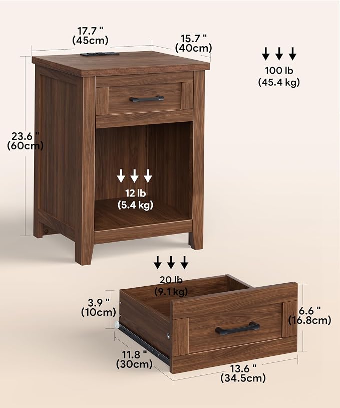 Decofy Farmhouse Nightstand with Charging Station & Large Storage, Modern End Tables with Outlets, USB Ports and Type-C Ports, Easy Assembly for Bedroom (Walnut)