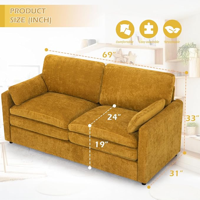 3 Pieces Chenille Sofa Set w/Arm Pillows, Upholstered Loveseat & 2 Pieces 3 Seater Sofa w/Comfortable Back Cushions, Modern 2-Seat & 3-Seat w/High-Density Foam for Living Room, Yellow