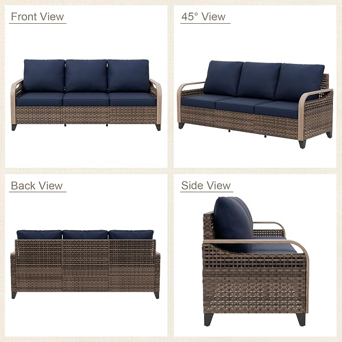 Modern Wicker Patio Sofa, Rattan Outdoor Couch for Small Balcony, 3 Seat Couch Furniture Set for Garden Deck Backyard, Brown/Blue