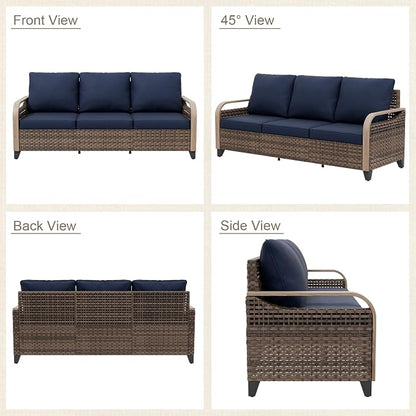 Modern Wicker Patio Sofa, Rattan Outdoor Couch for Small Balcony, 3 Seat Couch Furniture Set for Garden Deck Backyard, Brown/Blue