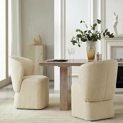 KISLOT Upholstered Dining Chairs with Wheels, Easy Assembly Stain Resistant Fabric Modern Barrel Armchair with Lumbar Cushion, Dining Room Chairs for Kitchen Living Room Bedroom, Sand, Set of 4