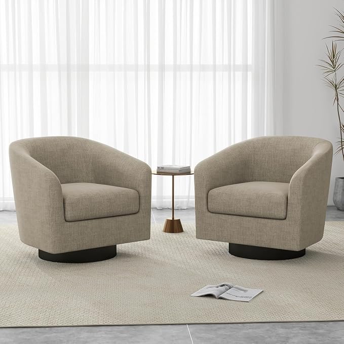 Swivel Barrel Accent Chairs Set of 4, Fabric Upholstered Armchair Modern Round Club Arm Chair for Living Room, Comfy Single Sofa Seating Bedroom Side Reading Seat for Home Office - Light Brown