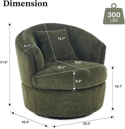 Swivel Accent Chair, 360 Degree Round Swivel Barrel Chair with Pillow, Widened Upholstered Comfy Barrel Armchair for Living Room Bedroom Reading Room, Green