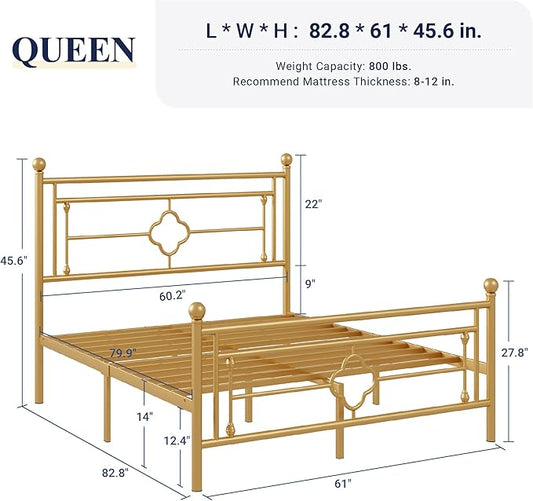 Allewie Queen Size Metal Platform Bed Frame with Victorian Vintage Headboard and Footboard/Mattress Foundation/Under Bed Storage/No Box Spring Needed/Noise-Free/Easy Assembly, Gold
