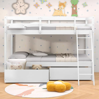 KOTEK Bunk Bed Twin Over Twin with 2 Storage Drawers, Solid Wood Bunk Bed Frame with Storage Cube, Guardrails, Ladder, No Box Spring Needed, Twin Bunk Beds for Kids Teens (White)