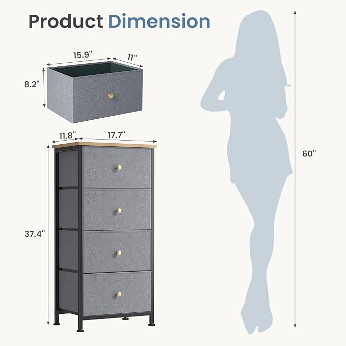 DUMOS Nightstand with 4 Drawers Bedside Table with Removable Fabric Bins Sturdy Steel Frame Wood Top Organizer Furniture for Bedroom Closet Living Room, Dusty Blue