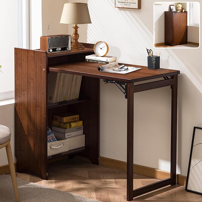 Bamboo Folding Desk with Storage, Space-Saving Foldable Computer Desk for Small Spaces, Writing Study Table for Home Office, Bedroom, Dorm, Apartment,White