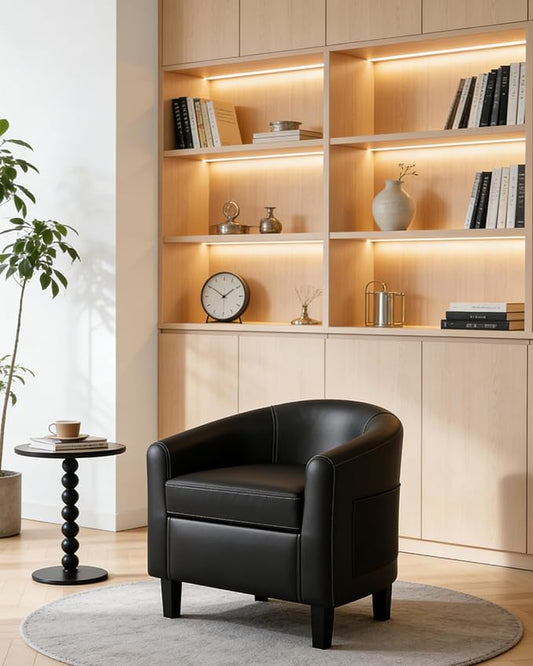 GarveeHome Accent Barrel Chairs Living Room Chairs Faux Leather Upholstered Club Armchairs with Soft Padded Seat for Bedroom Reading Waiting Room(Black)