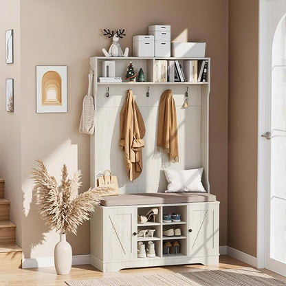 71" Hall Tree with Bench and Shoe Storage, Entryway Hall Tree with 2 Doors and 6 Adjustable Shelves, Cushioned Storage Bench with Coat Rack for Hallway, Living Room, Mudroom