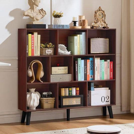 LEYAOYAO 10 Cube Bookshelf,3 Tier Modern Wide Bookcase with Legs,Mid-Century Wood Bookshelves Storage,Mint-Walnut Large Book Case,Freestanding Organizer Display Shelf for Bedroom,Living Room,Office