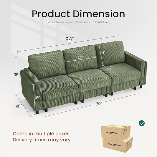 KKL 3 Seat 83‘’ Sofa Couch for Living Room - Modular Sectional Small Couch with Storage Ottoman, Convertible L Shaped for Living Room, Modern Reversible Design (Green, 3 Seat Sofa)