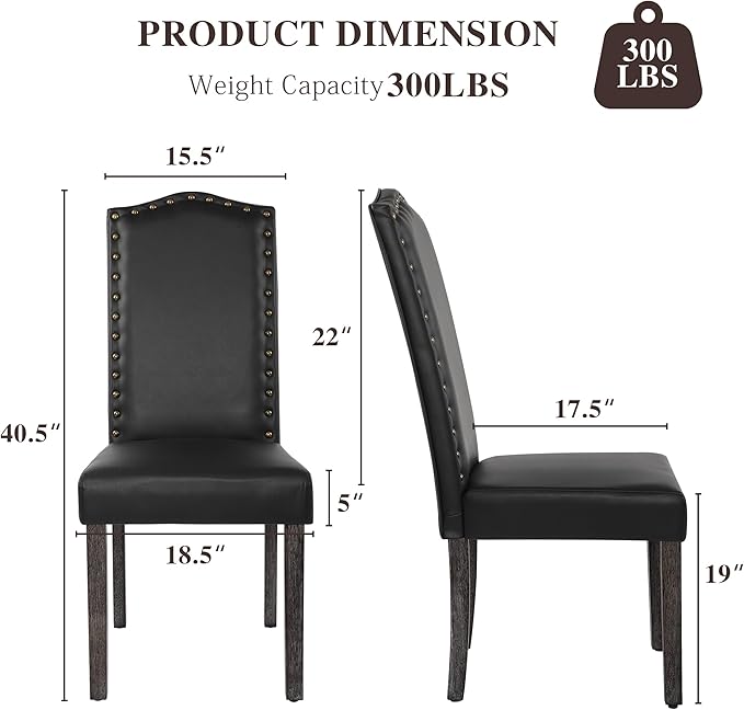 LSSBOUGHT PU Dining Chair Set of 2 Upholstered Parsons Kitchen Chair with Copper Nails and Solid Wood Legs for Dining Room,Restaurant(Black)