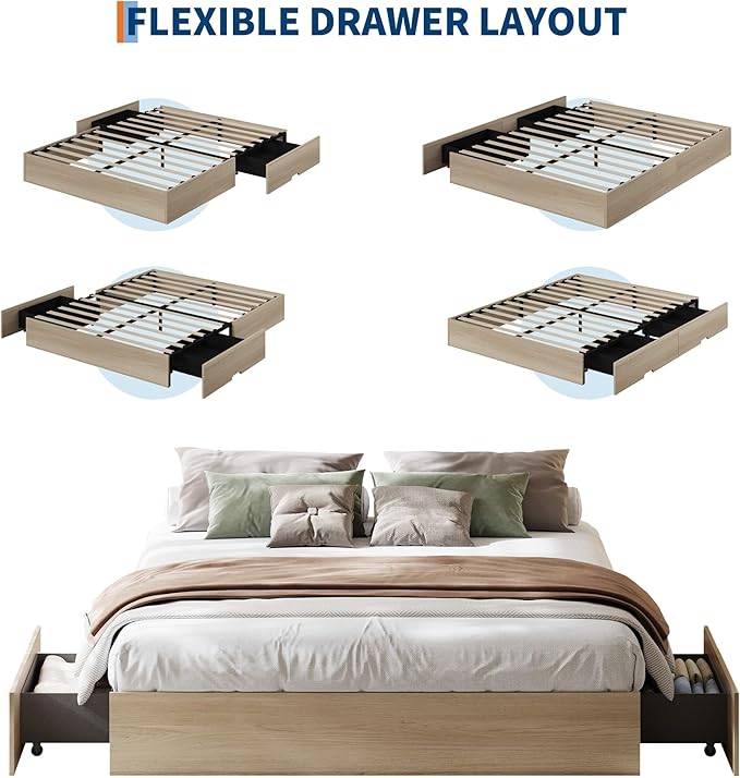 GarveeHome King Size Wood Platform Bed Frame with 2 Storage Drawers, Wooden Bed Frame Without Headboard, Wood Slat Support, No Box Spring Needed, Easy Assembly