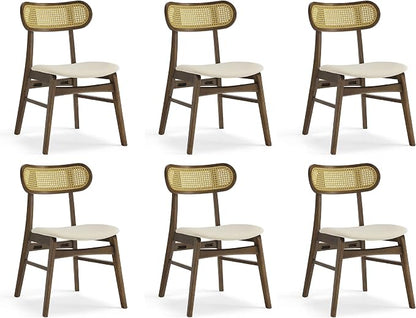 KISLOT Rattan Dining Chairs Set of 6, Upholstered Modern Dining Room Chairs, Mid Century Oak Wood Kitchen Chairs with Rattan Backrest for Farmhouse, Restaurant, Café (Cream Fabric & Walnut Color)