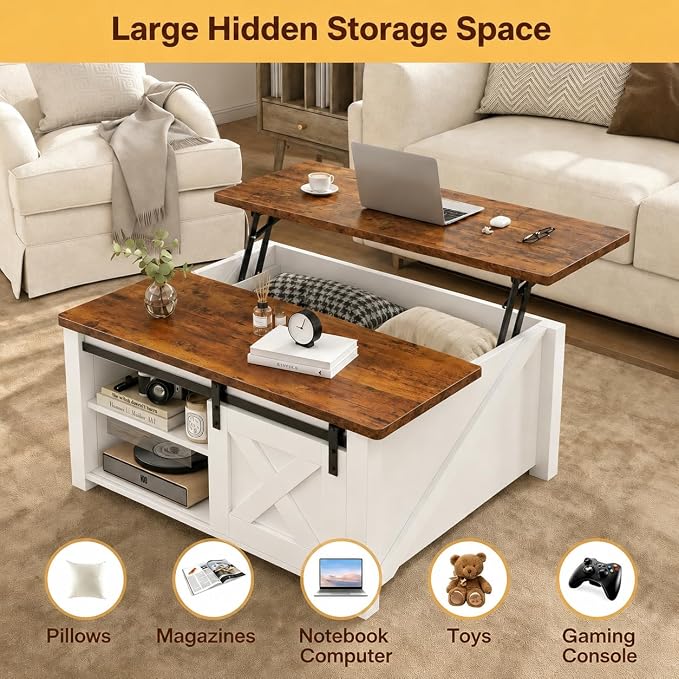 Simple Deluxe Lift Top Coffee Table with Storage, Farmhouse Coffee Table for Living Room, Coffee Tables with Hidden Storage, Coffee Tables with Lifting Top Center Table for Living Room(White)