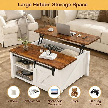 Simple Deluxe Lift Top Coffee Table with Storage, Farmhouse Coffee Table for Living Room, Coffee Tables with Hidden Storage, Coffee Tables with Lifting Top Center Table for Living Room(White)