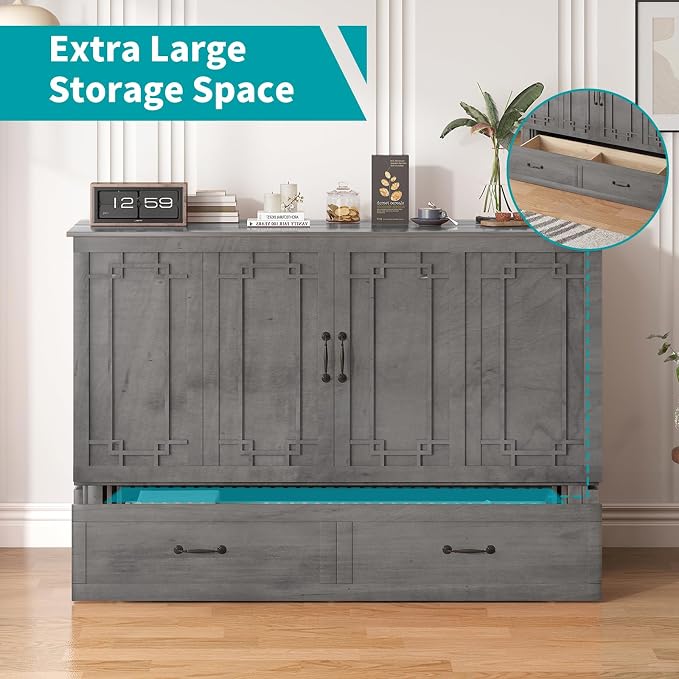 BALUS Queen Murphy Bed with Mattress Included, Cabinet Bed with Mattress & Built-in USB Ports & Storage Drawer, Space-Saving Murphy Beds Cabinet Guest Beds for Office/Apartment- Grey