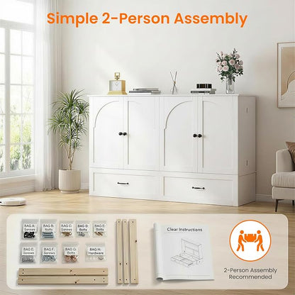 CECER Queen Size Murphy Bed with Storage & Charging Station,Multi-Functional Murphy Cabinet Bed with Mattress Included for Bedroom/Guest Room/Small Space,Easy Assembly -White | Built-in Multi-Port Charging Station ＆ Large Storage Drawer，Sturdy frame ＆ ...