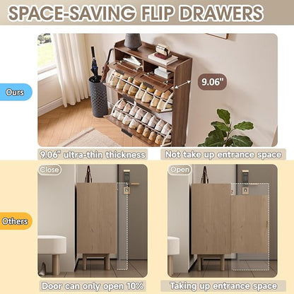 Fluted Shoe Cabinet Storage for Entryway – Narrow Shoe Rack with 2 Flip Drawers & 2 Storage Drawers, Freestanding Hidden Shoe Organizer for Foyer, Hallway (Walnut)