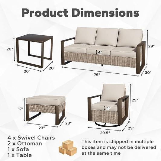 Outdoor Patio Swivel Rocker Chairs, 8 Pieces Wicker Furniture Set, 4 Swivel Rocking Chairs, 1 Sofa, 2 Ottoman and 1 Table, Wide Armrest, Thick Cushions and Deep Seating for Garden, Backyard, Porch